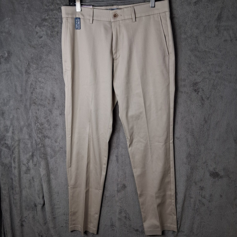 Haggar Premium No Iron Khaki Mens Slim Fit Stretch Flat Front Pants 32x32 Tan